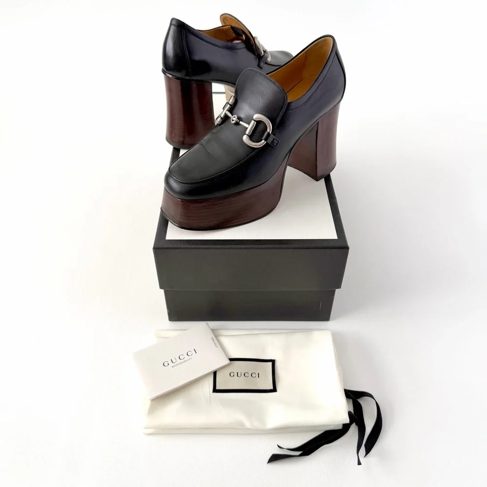 GUCCI | Black Leather Horsebit Platform Loafers Block Heel EU 37.5‎